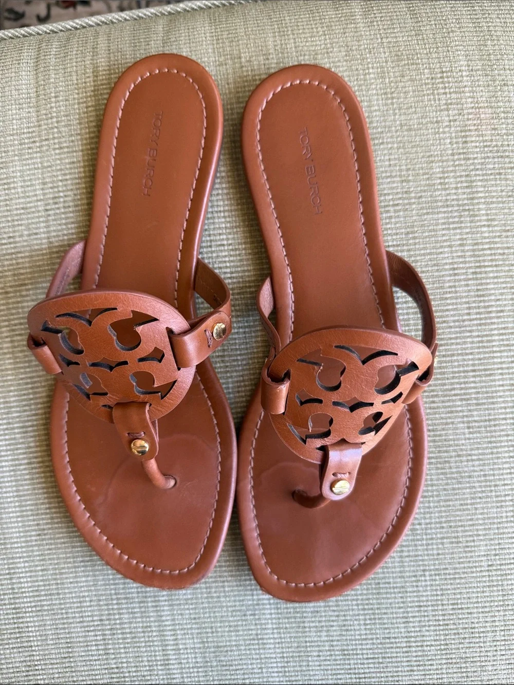 Tory Burch Cognac Leather Logo Thong Sandals